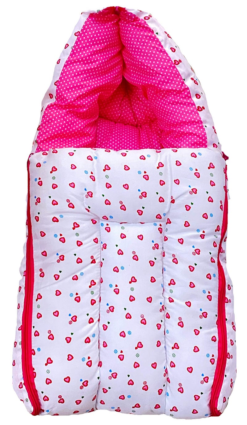 Infans Mini Little Heart Mini 3 in 1 Baby's Cotton Bed Cum Carry Bed Printed Baby Sleeping Bag-Baby Bed-Infant Portable for Unisex Easily Portable, Light Weight Carry for New Born 0-4 Months Old(Pink) - Image 1