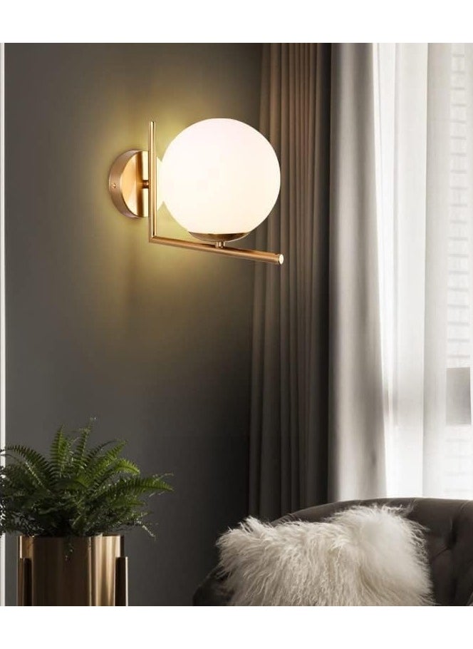 ERENYEA Modern Plug in Wall Sconce with White Glass Shade, Mid-Century Brass Gold Globe Wall Mounted Lamp, Rustic Indoor Hardwire Hanging Wall Light Fixtures for Bedroom, Living Room, Bathroom  - Image 1
