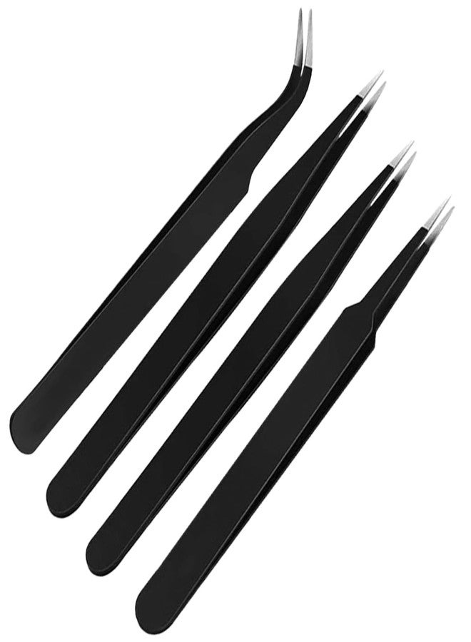 HUNCHA Tweezers for Ingrown Hair Removal, Surgical Grade Medical Tweezers with Sharp Needle Nose Point Tips Ideal Pointed Tweezers for Splinters & Tick Removal, Black, DESIGN 0, 00, 5, 7, Pack of 4 - Image 1
