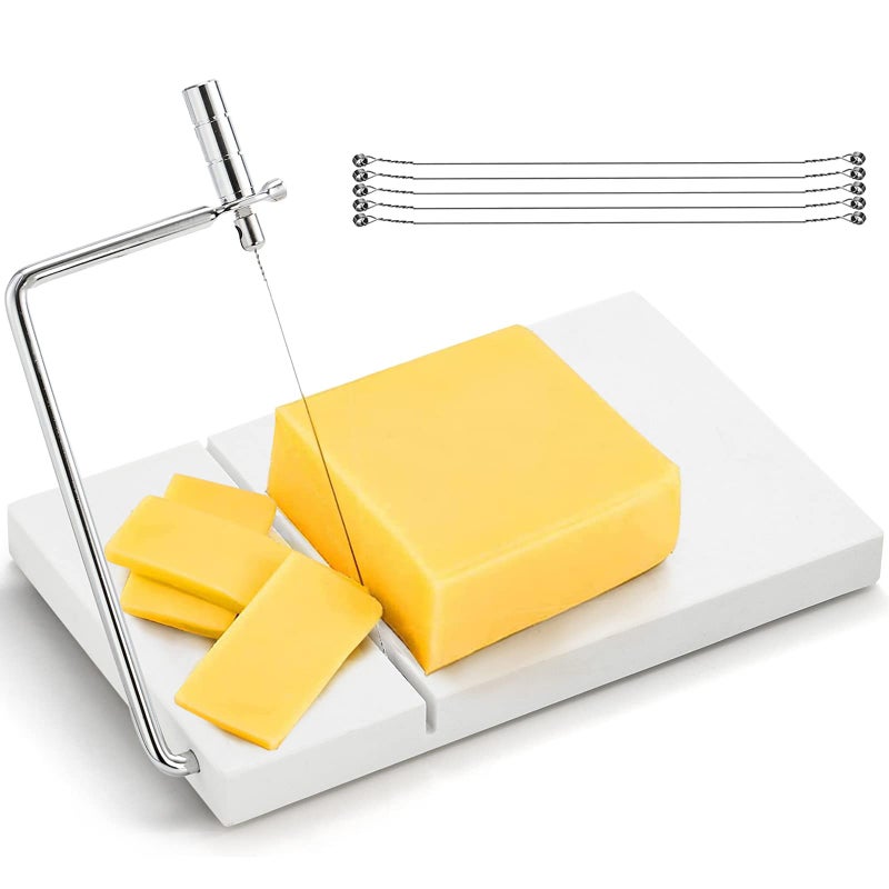 ZEAYEA Cheese Slicer Marble Cheese Cutter with 6 Wires 8 L x 5 W Heavy Duty Cheese Cutting Board for Cutting Block Cheeses Butter Fruit Appetizers White Marble