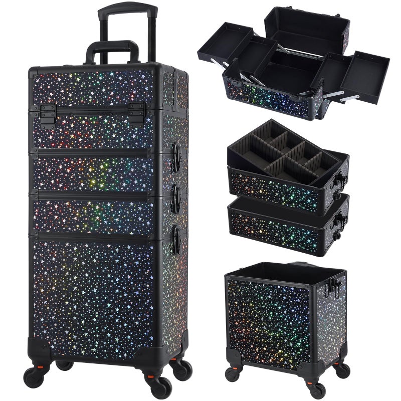 Stagiant Stagiant Rolling Makeup Case Cosmetology Case on Wheels 4 in 1 Large Makeup Travel Case Nail Kits Organizer Train Case with Key Make Up Artist Salon Storage Traveling Cart Trunk Black Star