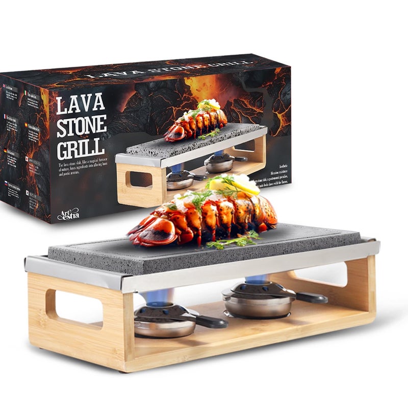 Artestia Steak Lava Stone Table Grill for Meat with Bamboo Stand Smokeless BBQ Grill Outdoor with Fast Heating Natural Lava Cooking Stone Ideal for Dinner and Family Fun Two Rechauds 1456669