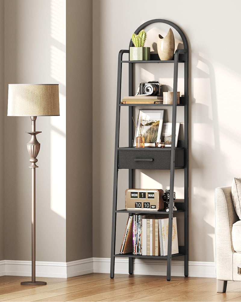 CHOEZON 5 Tier Ladder Shelf with Drawer, Tall Ladder Bookshelf, Standing Bookcase with Metal Frame for Living Room, Bathroom, Home Office, Study, Balcony, Black TCJ07BB - Image 2