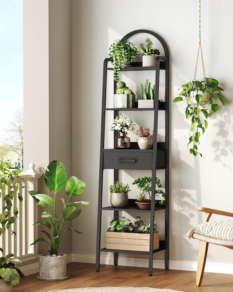 CHOEZON 5 Tier Ladder Shelf with Drawer, Tall Ladder Bookshelf, Standing Bookcase with Metal Frame for Living Room, Bathroom, Home Office, Study, Balcony, Black TCJ07BB - Image 1