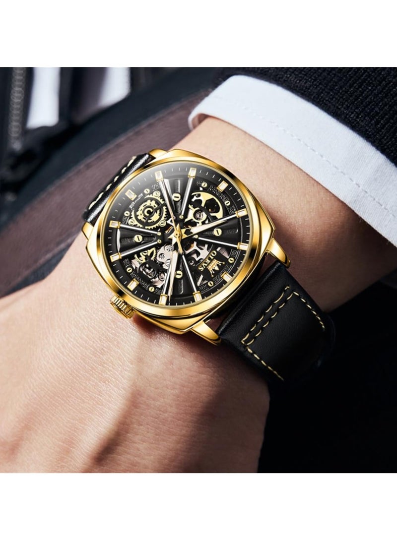 OLEVS Men's Hollow Mechanical Fashion Leather Watch 6685 - Image 4