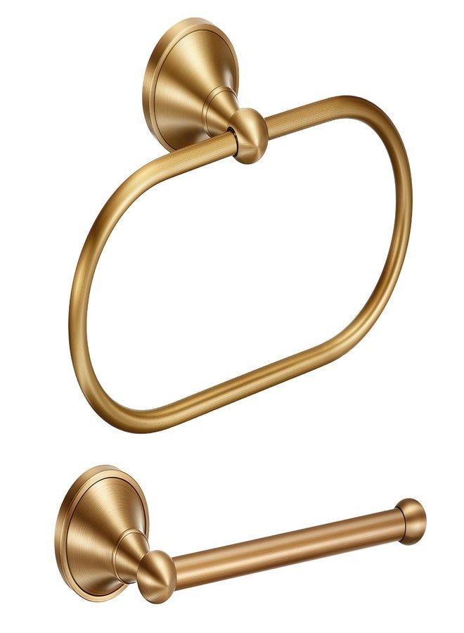 Otoolling 2 Pcs Antique Brass Bathroom Accessories Set, Toilet Paper Holder & Oval Flared Towel Ring Wall Mounted, Vintage Retro Bath Hardware Kit for Rustic Farmhouse Decor(Oval Straight) - Image 1