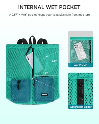 WANDF Swim Bag Mesh Drawstring Backpack with Wet Pocket Beach Bag for Swimming Pool Gym Workout Men and Women Turquoise - Image 3