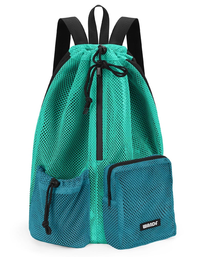 WANDF Swim Bag Mesh Drawstring Backpack with Wet Pocket Beach Bag for Swimming Pool Gym Workout Men and Women Turquoise - Image 2