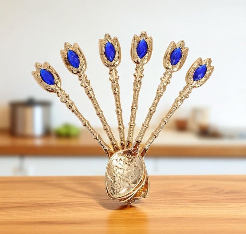 Alisveristime (Set of 6 Handmade Turkish Tea Water Zamzam Serving Set Glasses Saucer and Spoon (Gold) - Image 5