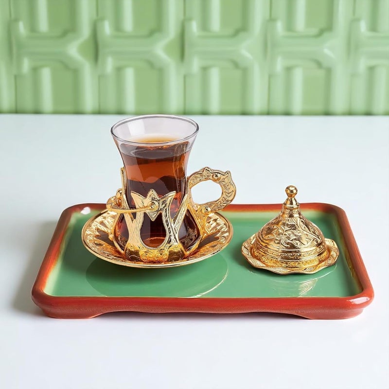 Alisveristime (Set of 6 Handmade Turkish Tea Water Zamzam Serving Set Glasses Saucer and Spoon (Gold) - Image 4