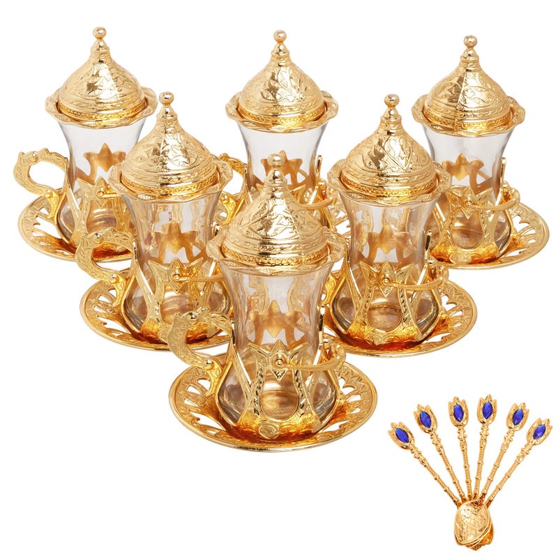 Alisveristime (Set of 6 Handmade Turkish Tea Water Zamzam Serving Set Glasses Saucer and Spoon (Gold) - Image 1