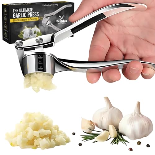 Frabble Kitchen Stainless Steel Finish Garlic Crusher & Press Chopper for Kitchen – All in One Manual Garlic Chopper, Masher, Mincer, Cutter - Easy Hand Garlic Peeler Tool - Handheld lahsun Smasher - Image 1