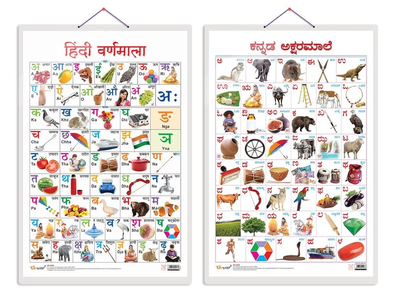 GoWoo Set of 2 Hindi Varnamala and Kannada Alphabet Early Learning Educational Charts for Kids | 20"X30" inch |Non-Tearable and Waterproof | Double Sided Laminated | Perfect for Homeschooling, Kindergarten and Nursery Students - Image 1