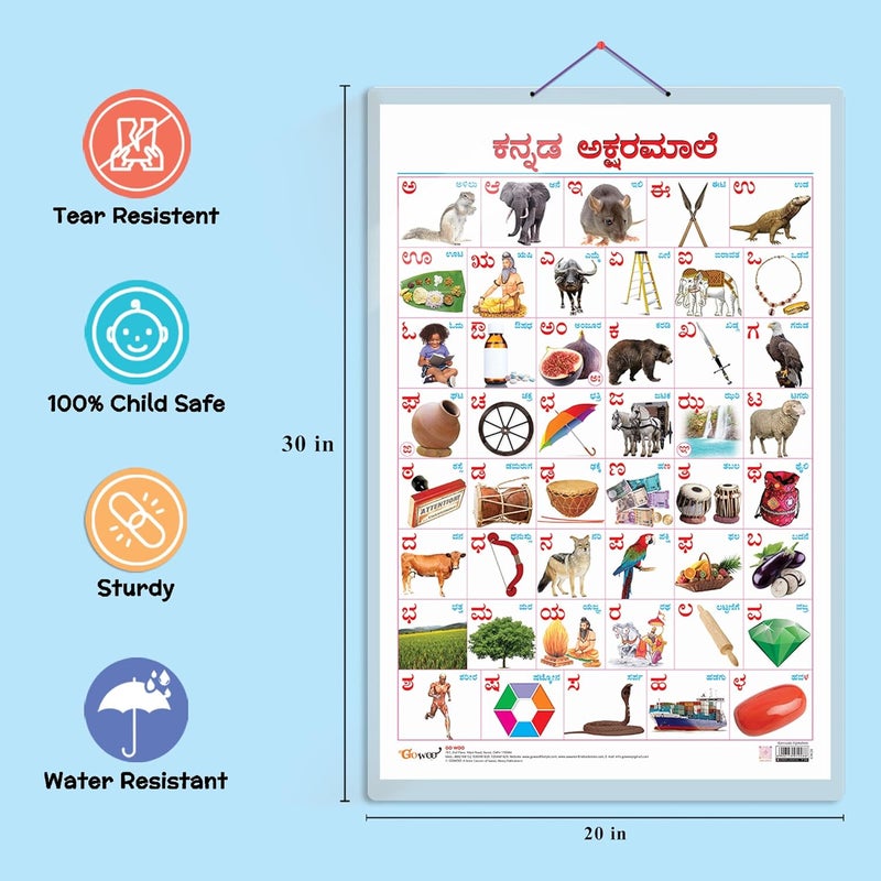 GoWoo Set of 2 Hindi Varnamala and Kannada Alphabet Early Learning Educational Charts for Kids | 20"X30" inch |Non-Tearable and Waterproof | Double Sided Laminated | Perfect for Homeschooling, Kindergarten and Nursery Students - Image 3
