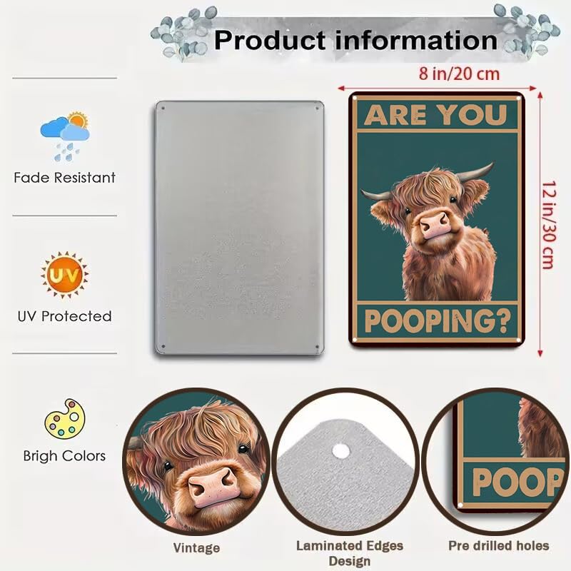 CrazySign Vintage Highland Cow Tin Sign: Funny "Are You Pooping?" Bathroom Wall Decor for Western & Highland Cow Lovers 8 x 12 Inch (3039) - Image 2