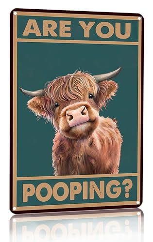 CrazySign Vintage Highland Cow Tin Sign: Funny "Are You Pooping?" Bathroom Wall Decor for Western & Highland Cow Lovers 8 x 12 Inch (3039) - Image 1