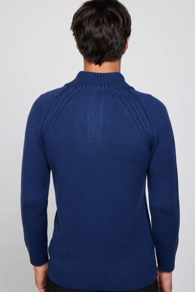Tudors Men's Slim Fit Slim Fit Stand Collar Buttoned Navy Blue Knitwear Sweater