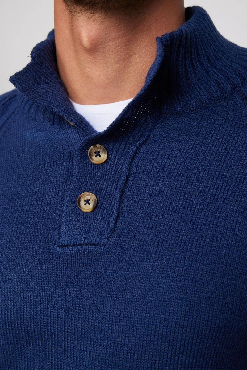 Tudors Men's Slim Fit Slim Fit Stand Collar Buttoned Navy Blue Knitwear Sweater
