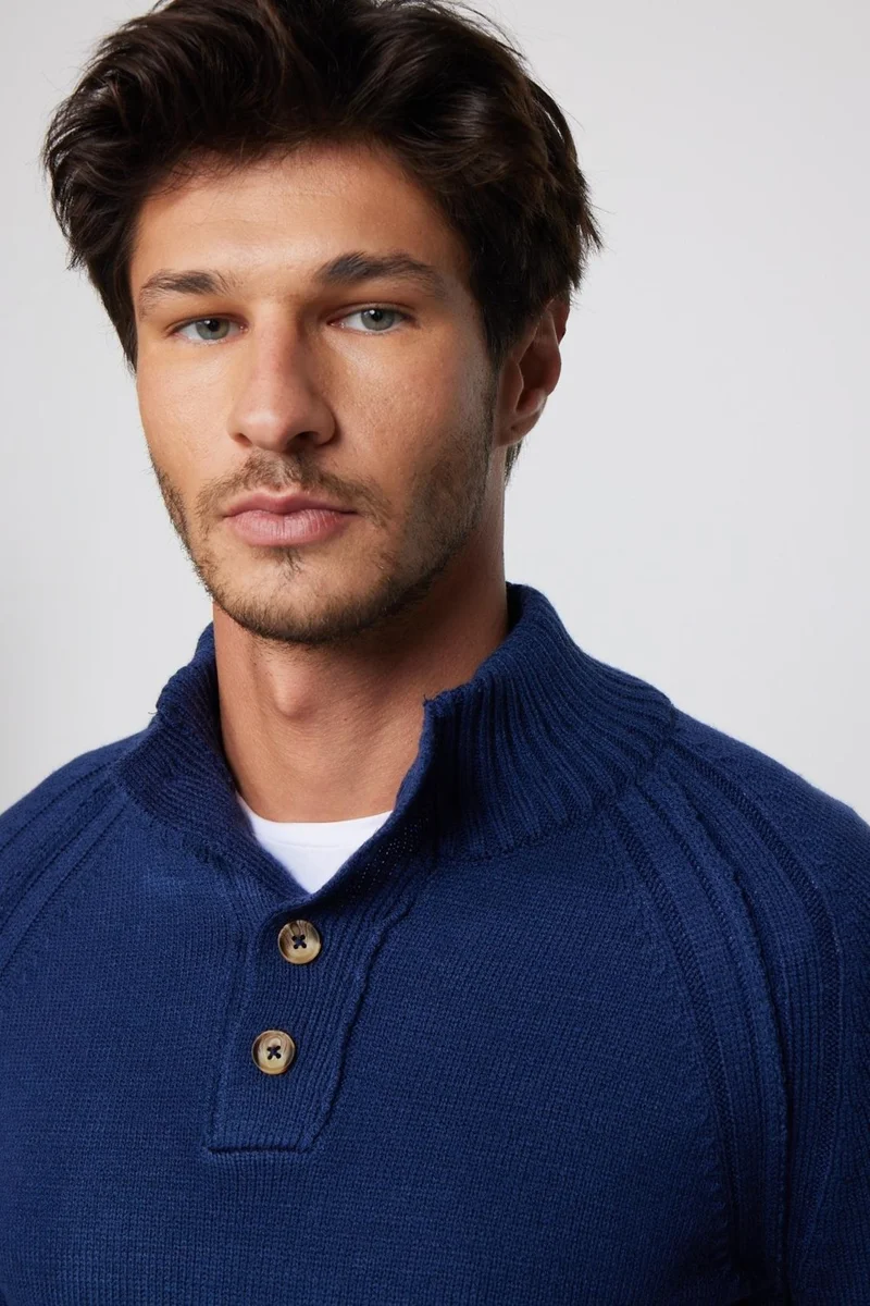 Tudors Men's Slim Fit Slim Fit Stand Collar Buttoned Navy Blue Knitwear Sweater