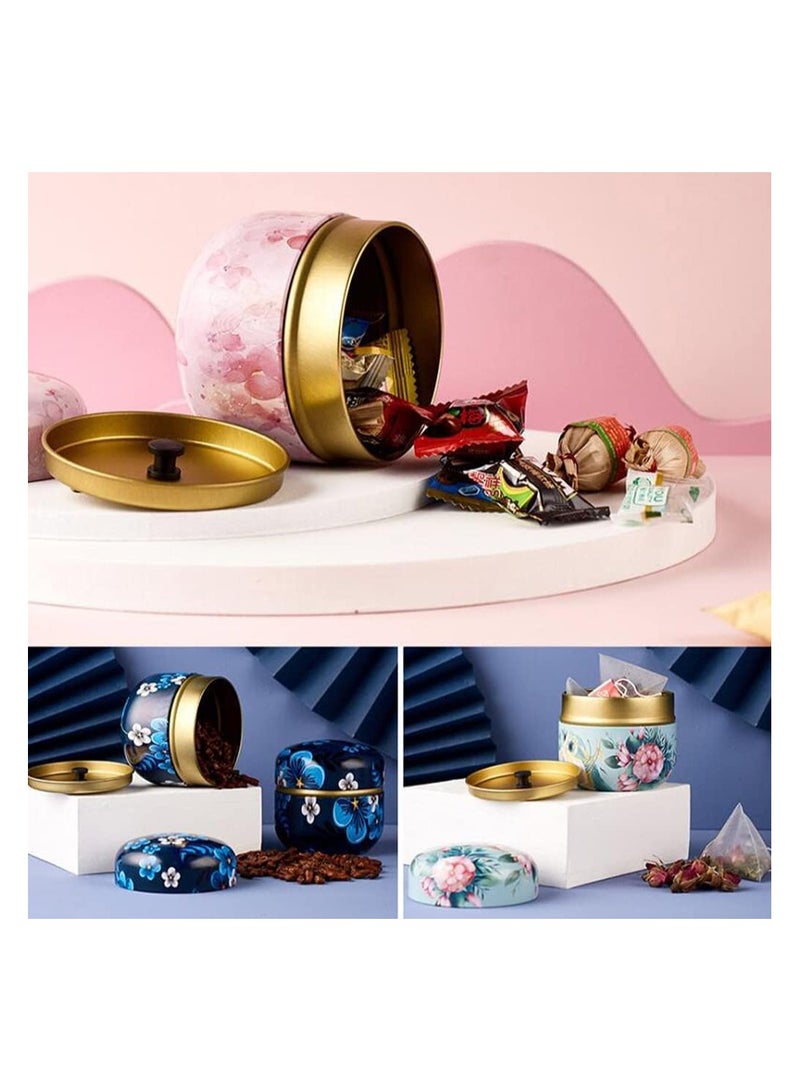SOLARAE 4 Pack Empty Tin Can Candle Containers Tin Box with Lid Sealed Jar Scented Tea Tins Metal Coffee Candy Cans Gift Storage Jewelry Boxes Ink Printing Pattern Round Can - Image 3