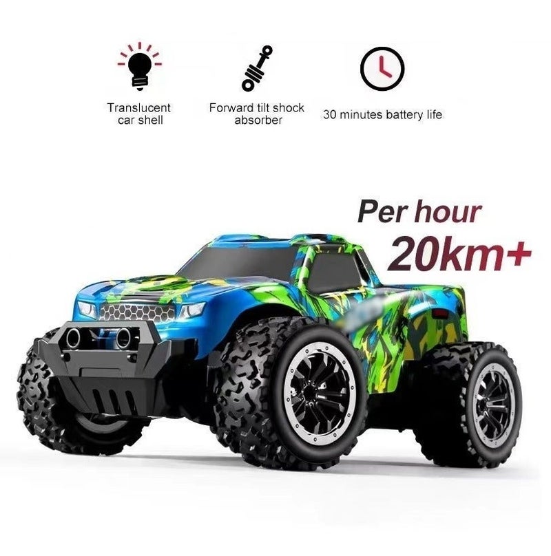 O2. Multicolor 1:20 High-Speed Remote Control RC Monster Truck, 2.4GHz Off-Road Racing Car with Large Rugged Tires, Rechargeable Battery and USB Charging Cable for Kids Outdoor Adventure Play - Image 4