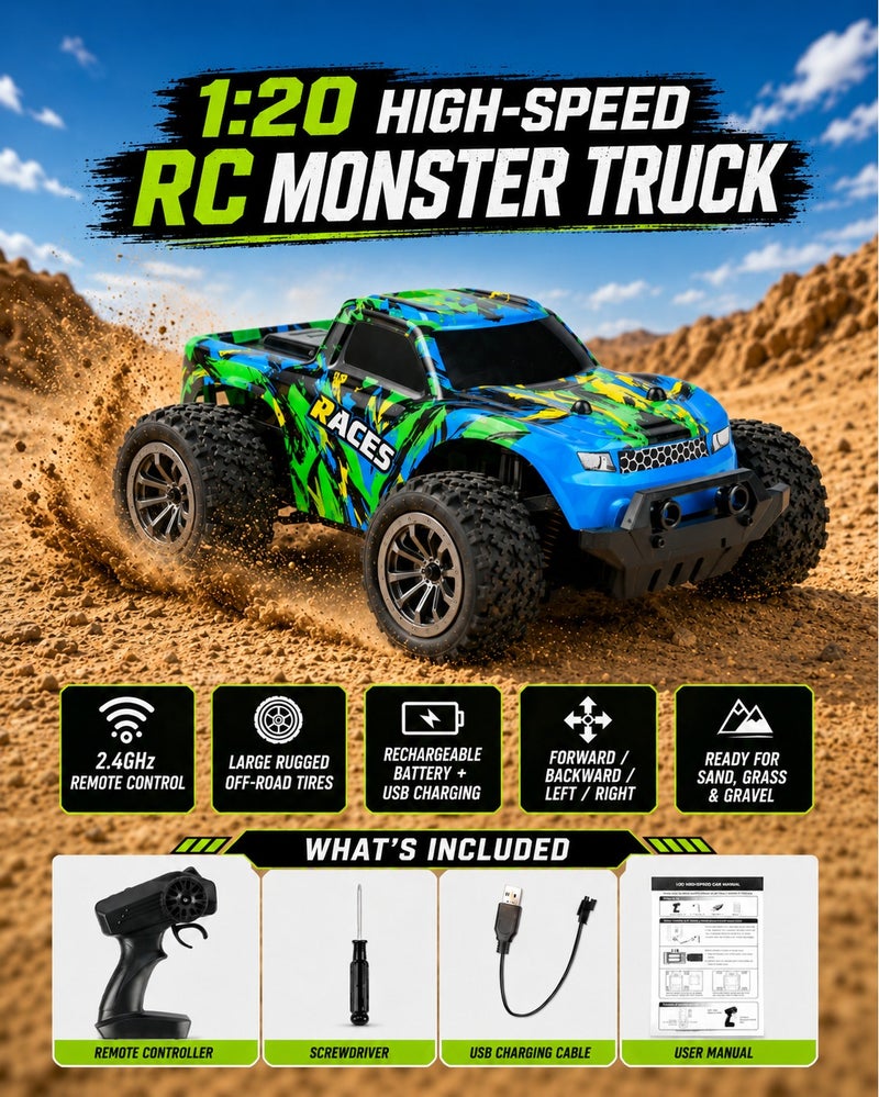 O2. Multicolor 1:20 High-Speed Remote Control RC Monster Truck, 2.4GHz Off-Road Racing Car with Large Rugged Tires, Rechargeable Battery and USB Charging Cable for Kids Outdoor Adventure Play - Image 1