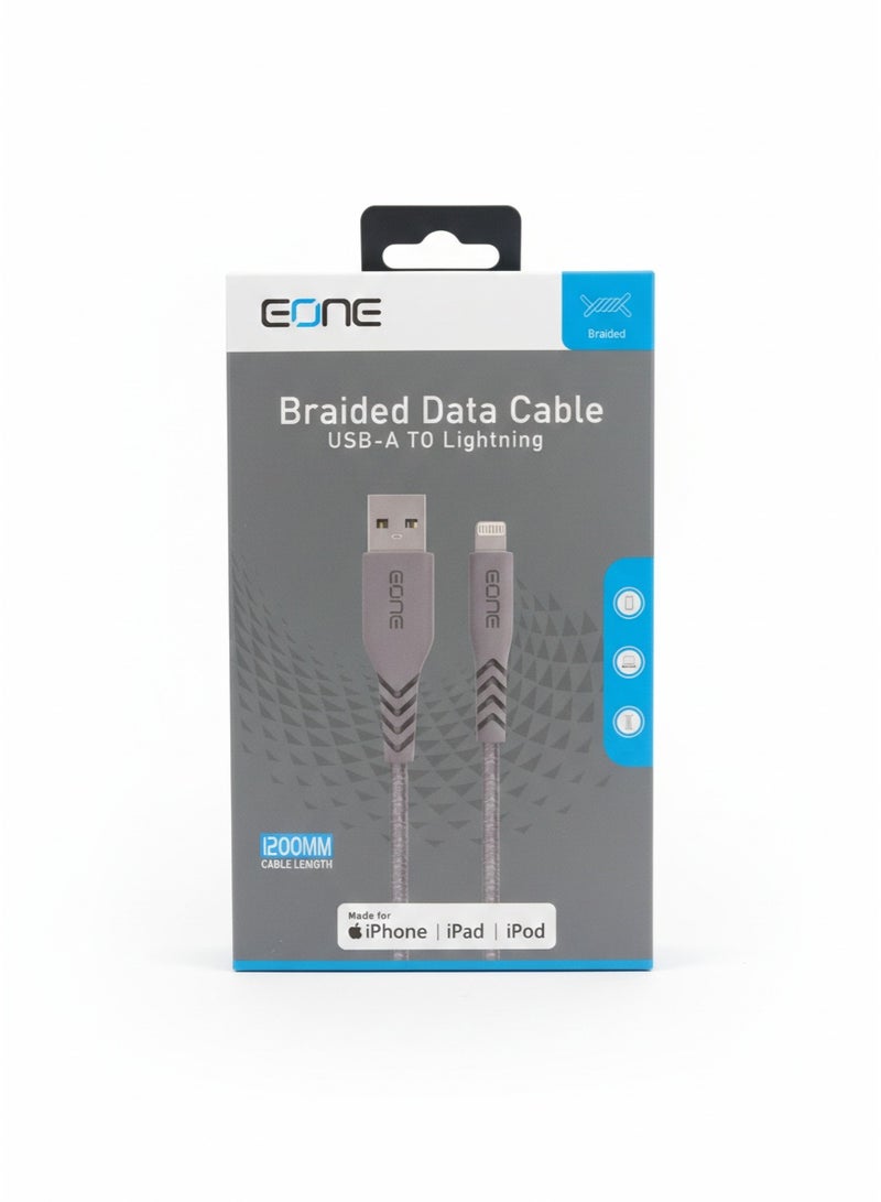 EONE Braided Data Cable (USB-A to Lightning) - 1.2M Length for iPhone Devices - Grey. - Image 4
