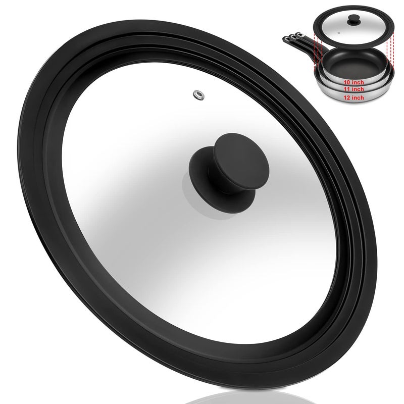 Universal Lid for Pots Pans and Skillets  Tempered Glass Lid with Heat Resistant Silicone Rim Fits 10  12 Diameter Cookware Replacement Lid for Frying Pan and Cast Iron Skillet101112