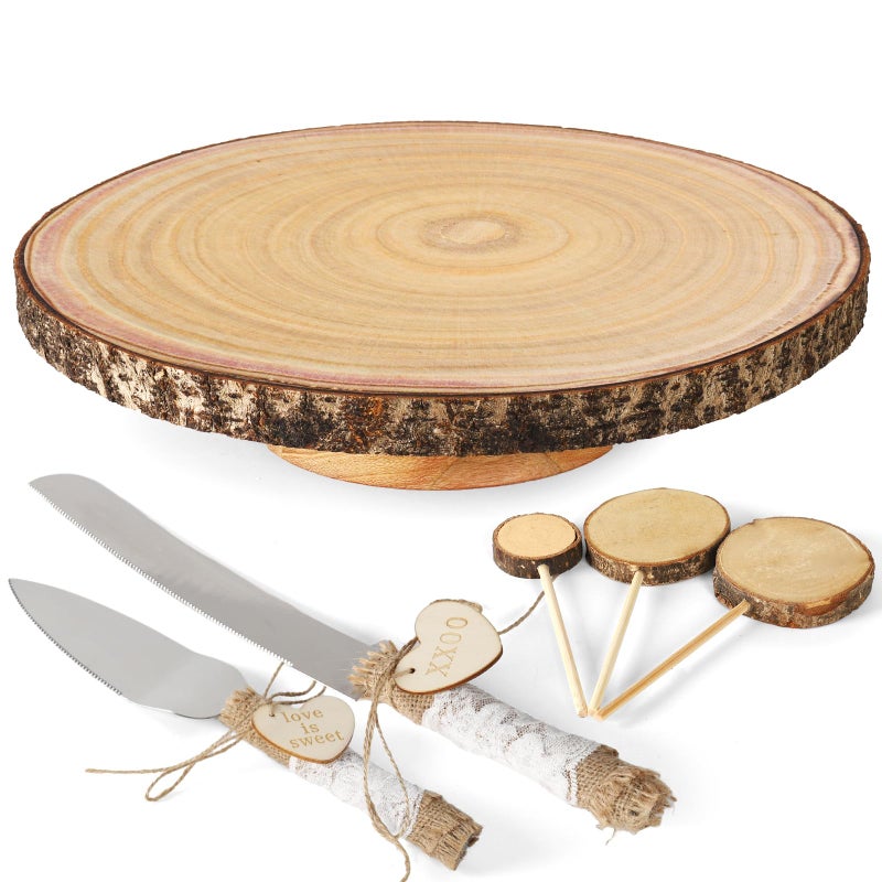 Relaxing Garden Wood Cake Stand w Wooden Slice Cake Topper and Cake Cutting Set 12 Rustic Wedding Cake Stand Wooden Cake Stand for Wedding Receptions or Any Special Events 