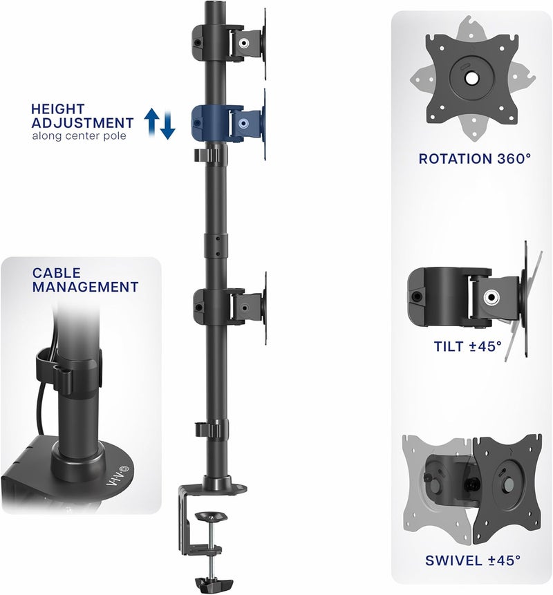 vivo Dual Monitor Desk Mount Stand with Height Adjustment and VESA Plates for 2 LCD Ultrawide Screens up to 34 inches, Stacked Array, STAND-V002R - Image 4