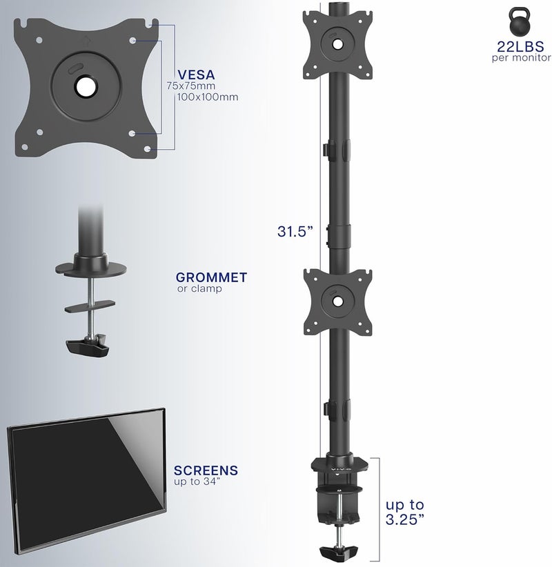 vivo Dual Monitor Desk Mount Stand with Height Adjustment and VESA Plates for 2 LCD Ultrawide Screens up to 34 inches, Stacked Array, STAND-V002R - Image 2