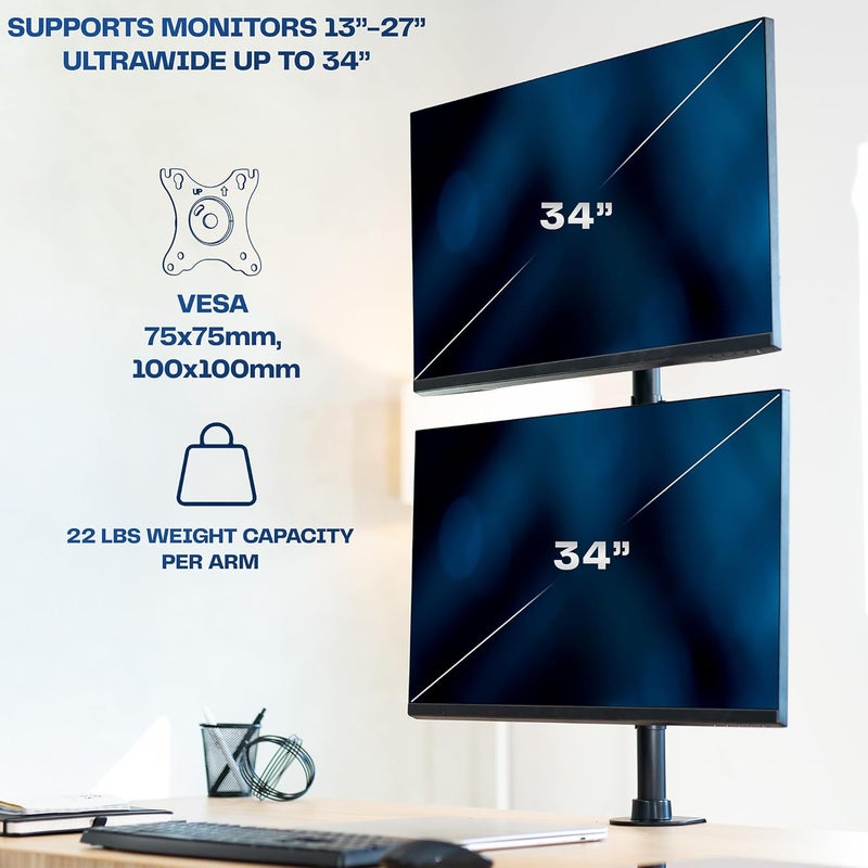 vivo Dual Monitor Desk Mount Stand with Height Adjustment and VESA Plates for 2 LCD Ultrawide Screens up to 34 inches, Stacked Array, STAND-V002R - Image 3