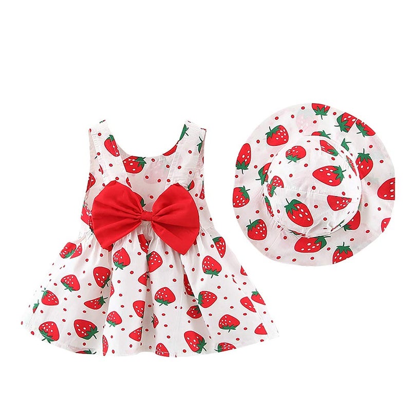 IDOPIP Baby Girls Strawberry Tutu Dress Summer Sleeveless Backless Princess Birthday Party Dresses Toddler Little Girl First Communion Pageant Flower Ruffle Bow Sundress with Sun Hat Outfit Set Red 6-12M - Image 1