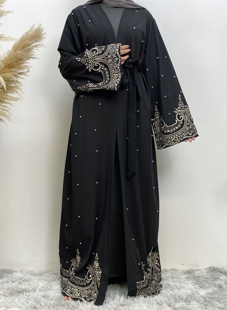 Loquat Embroidered Beaded Cardigan Gown Abaya Black - Image 1