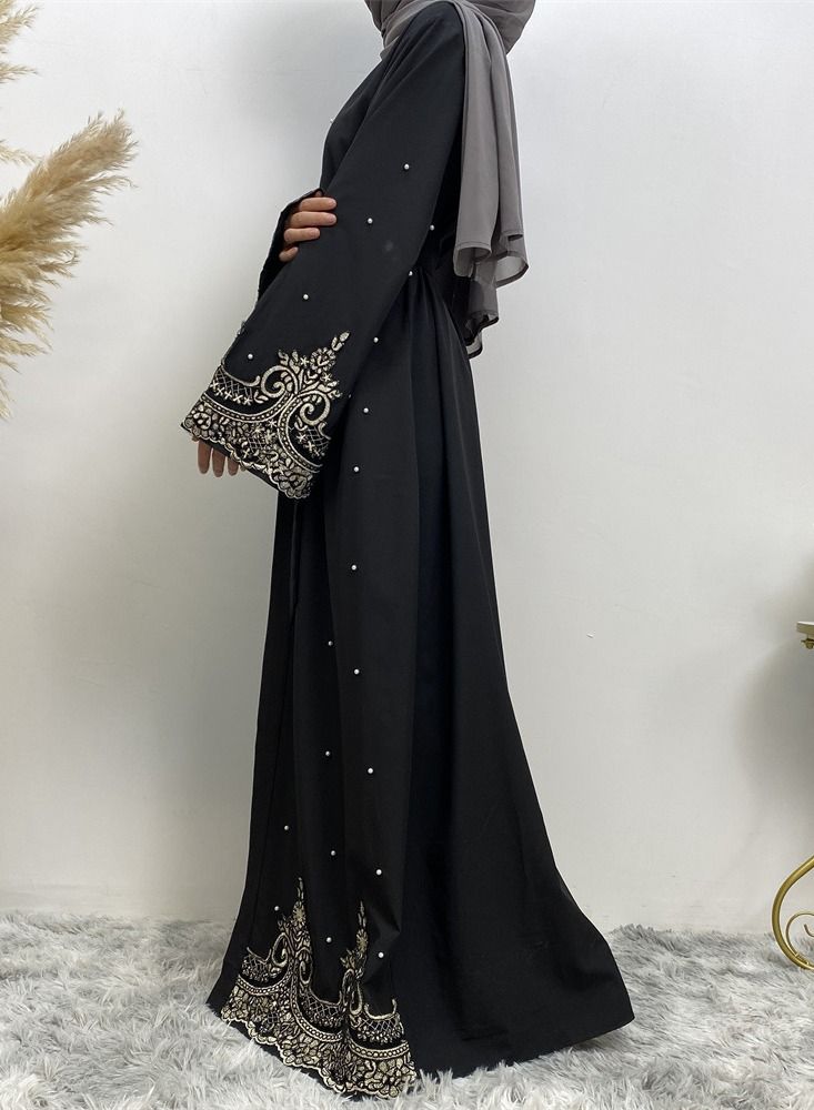 Loquat Embroidered Beaded Cardigan Gown Abaya Black - Image 2