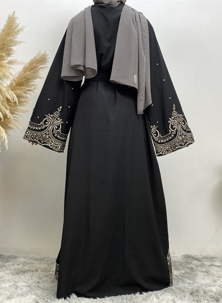 Loquat Embroidered Beaded Cardigan Gown Abaya Black - Image 3