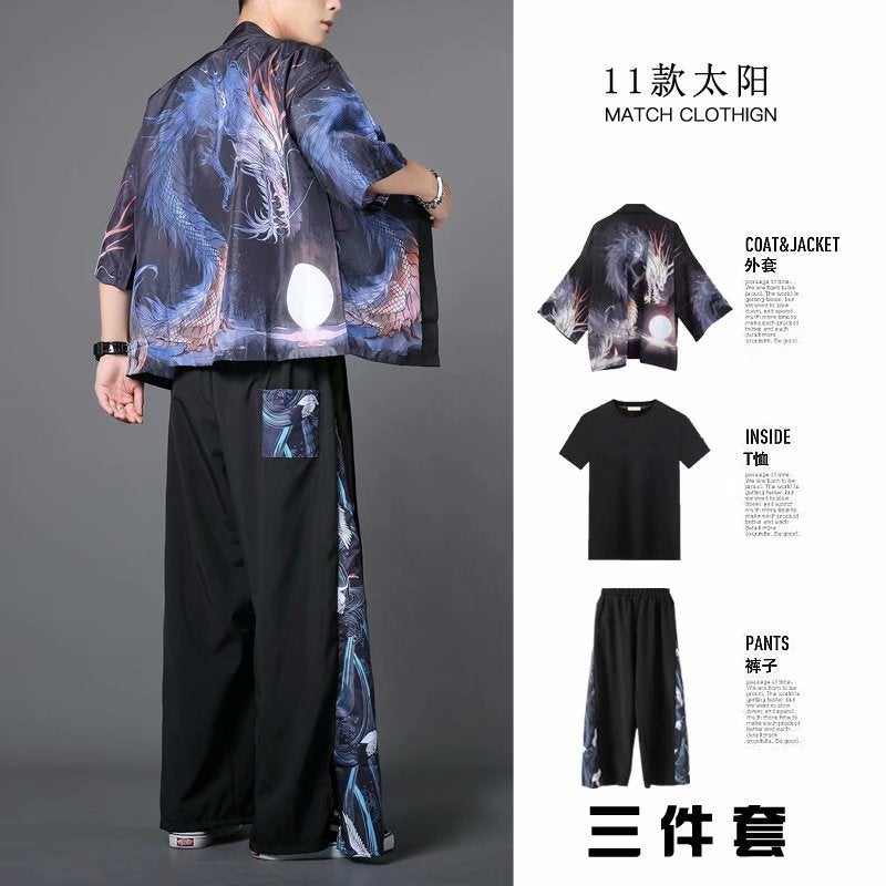 Hanfu Three-Piece Set Summer Chinese Style Robe for Men and Women Couples Fairy Style Loose Straight-Leg Wide-Leg Pants Set Class Clothes 11 Sun Dragon Black 3-piece Set 