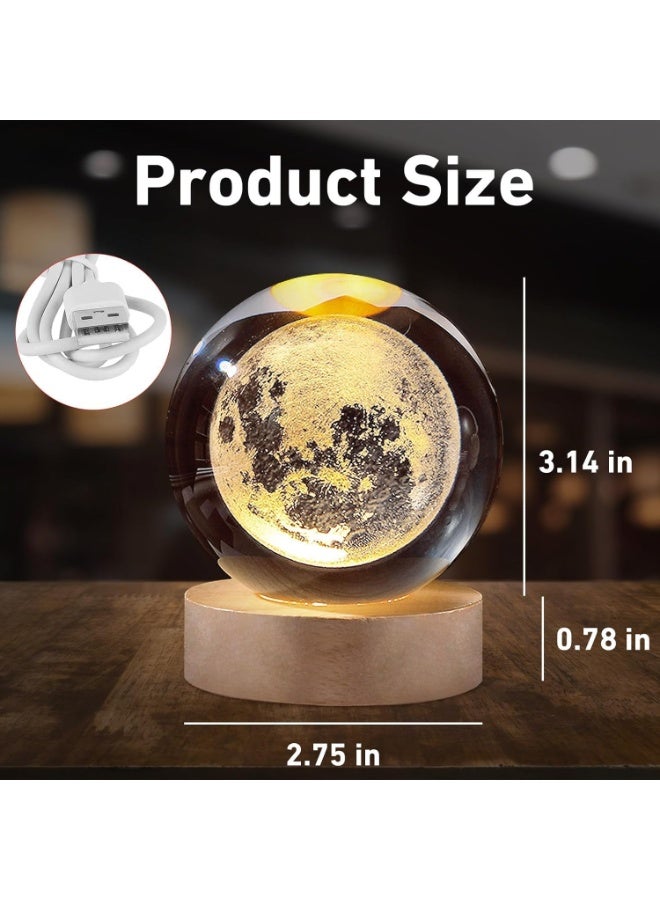 مصباح ليلي ثلاثي الأبعاد بكرة بلورية على شكل قمر مضئ متوهج مع قاعدة بلاستيكية مطلية بلون خشبي أنيق، إضاءة ليد جذابة ودوران خفيف يمنح ديكورًا مميزًا للطاولات وغرف المعيشة ويجعلها هدية رائعة لكل المناسبات - Image 5