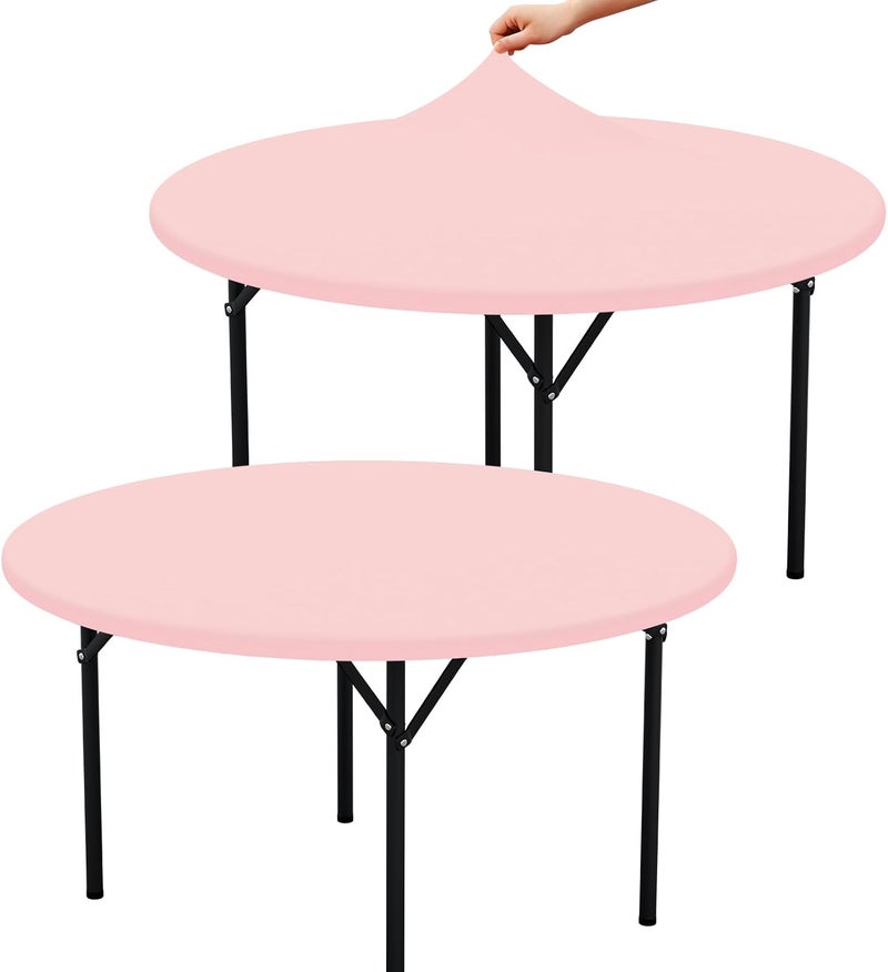 misaya 2 Packs Round Spandex Tablecloths, Stretch Elastic Tablecloth Cover Fitted for 45"-56" Round Tables, Waterproof Polyester Washable Table Cloth for Dining, Party, Outdoor and Indoor, Pink - Image 1