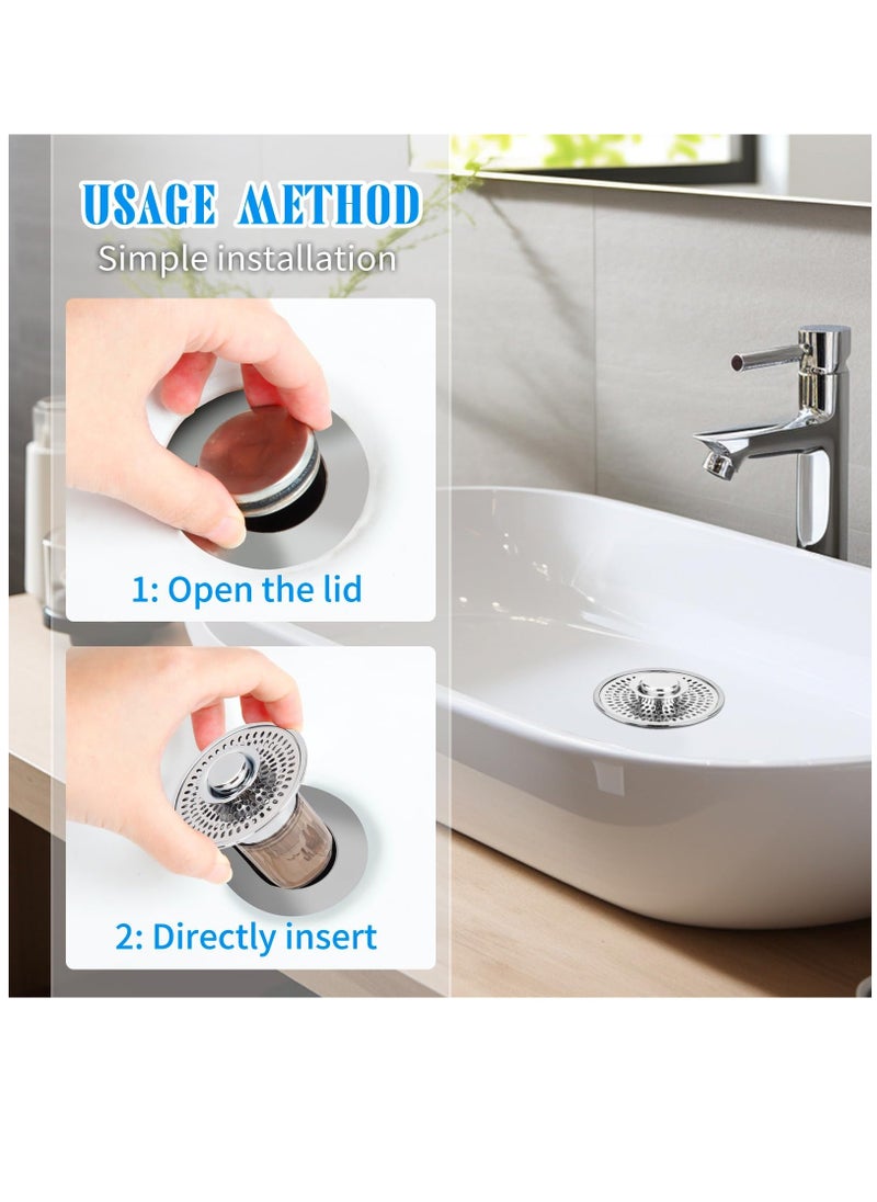 Bathroom Sink Stopper and Sink Drain Strainer 2 in 1 Catches Hair and Debris Suitable for 1.34~1.46'' Drainage Holes, Sink Drain Stopper Easy to Install Say Goodbye to Clogged Drain, Silver - Image 3