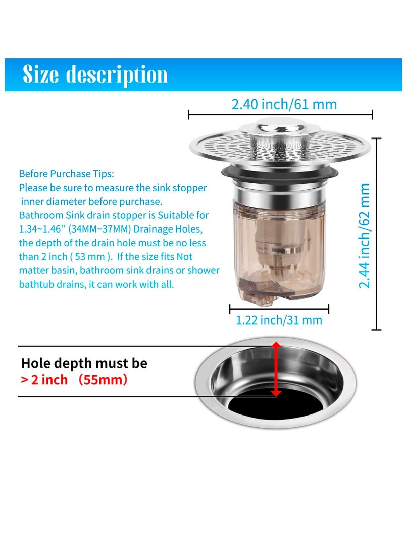 Bathroom Sink Stopper and Sink Drain Strainer 2 in 1 Catches Hair and Debris Suitable for 1.34~1.46'' Drainage Holes, Sink Drain Stopper Easy to Install Say Goodbye to Clogged Drain, Silver - Image 2