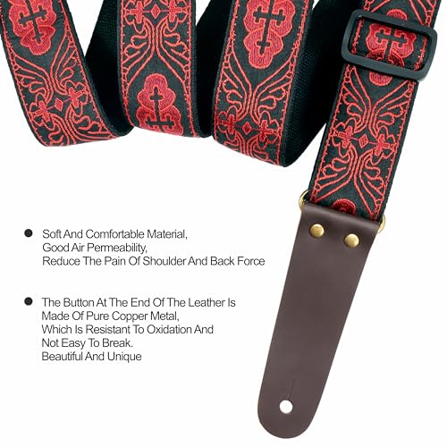 Nefelibata Guitar Strap, Red Cross Embroidery Guitar Straps with Head Cowhide Leather Ends for Bass, Electric & Acoustic Guitars, Free Strap Button, 1 Pair Strap Locks and 4 Guitar Picks - Image 4