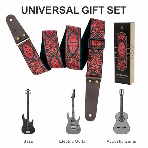 Nefelibata Guitar Strap, Red Cross Embroidery Guitar Straps with Head Cowhide Leather Ends for Bass, Electric & Acoustic Guitars, Free Strap Button, 1 Pair Strap Locks and 4 Guitar Picks - Image 5