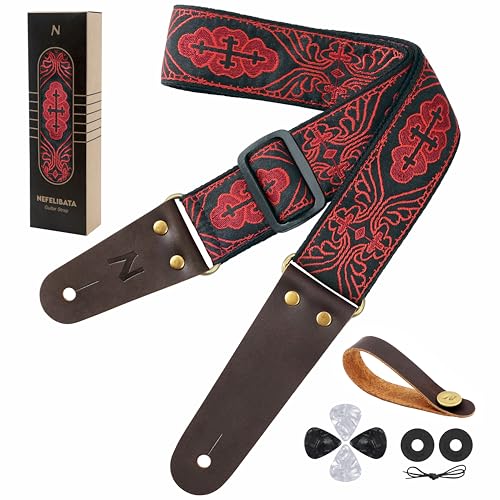 Nefelibata Guitar Strap, Red Cross Embroidery Guitar Straps with Head Cowhide Leather Ends for Bass, Electric & Acoustic Guitars, Free Strap Button, 1 Pair Strap Locks and 4 Guitar Picks - Image 1