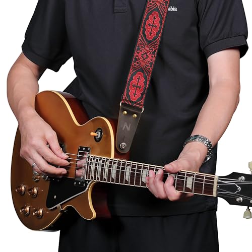 Nefelibata Guitar Strap, Red Cross Embroidery Guitar Straps with Head Cowhide Leather Ends for Bass, Electric & Acoustic Guitars, Free Strap Button, 1 Pair Strap Locks and 4 Guitar Picks - Image 2