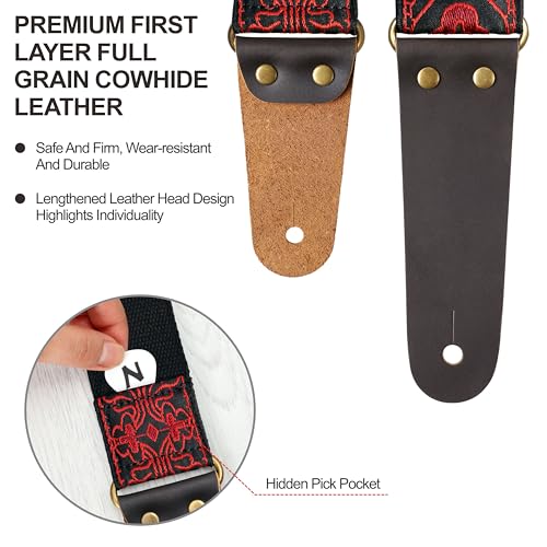 Nefelibata Guitar Strap, Red Cross Embroidery Guitar Straps with Head Cowhide Leather Ends for Bass, Electric & Acoustic Guitars, Free Strap Button, 1 Pair Strap Locks and 4 Guitar Picks - Image 3