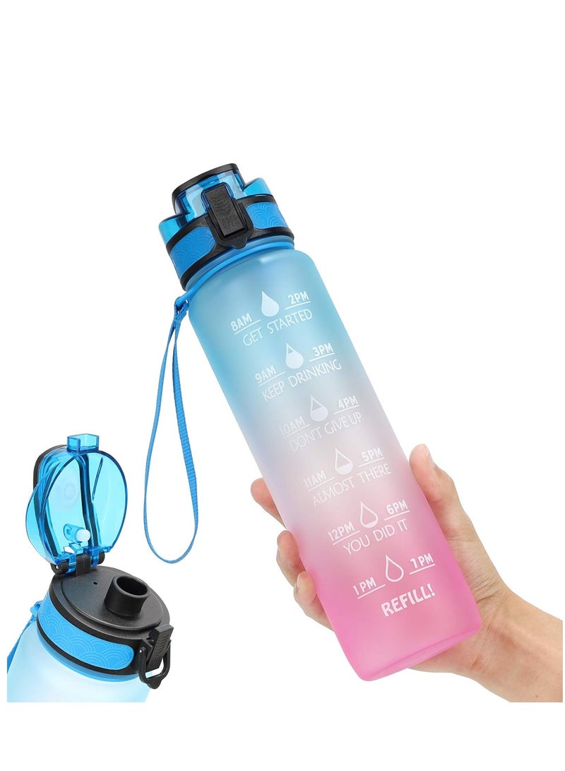 ALMUFARREJ Sport Water Bottle  Large Capacity Leakproof Water Bottle Eco-friendly Portable Sports Bottles Drink Bottles with Time Marker for School Outdoor Camping Gym Sports Fitness  Blue Purple Gradient 1Liter  - Image 1