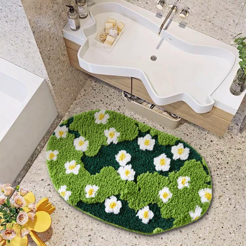 Ouyattle Cute Green Floral Bath Mat Microfiber Grass Bathroom Rug 16''W x 24''L Non Slip Washable, Modern Chic Boho Aesthetic Trendy Shaggy Bathroom Shower Floor Mat Absorbent - Image 1