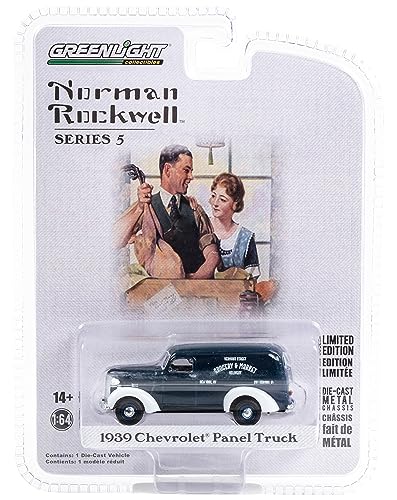 GreenLight 1939 Chevy Panel Truck Dark Blue with White Fenders Grocery Market Delivery Norman Rockwell Series 5 164 Diecast Model Car by Greenlight 54080A - Image 1
