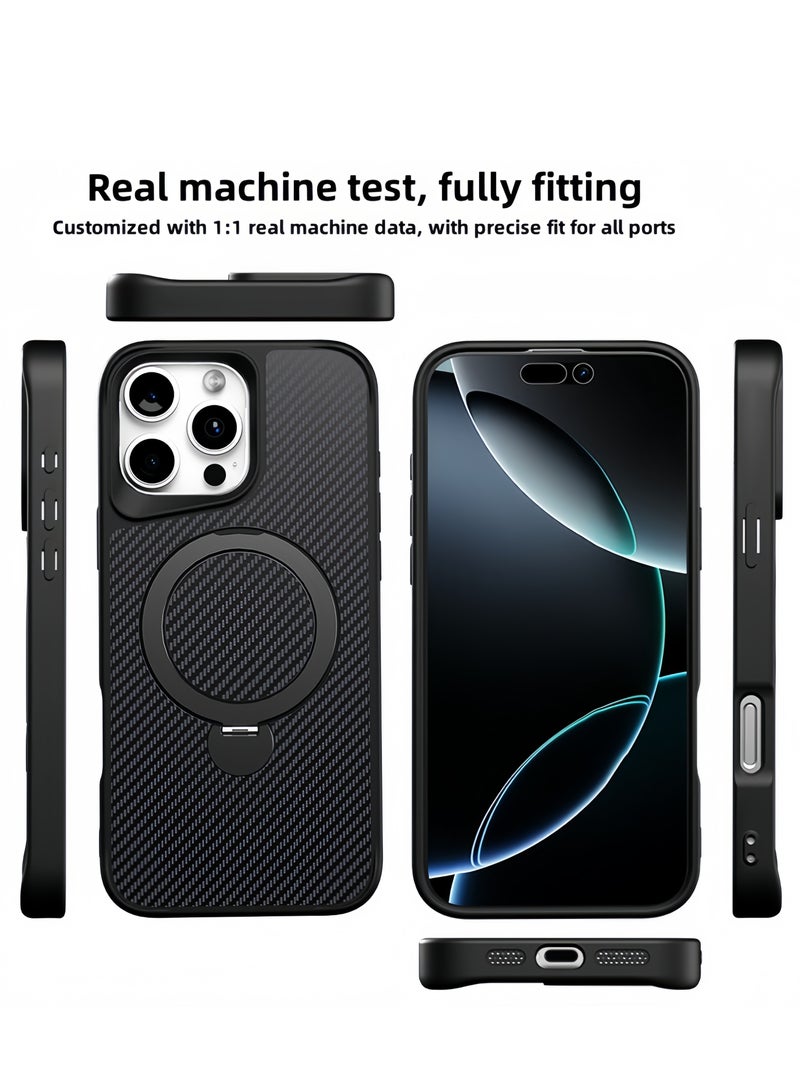 SOKAD IPhone 16 Pro Max Case with 360° Magnetic Stand, Carbon Fiber Phone Case Compatible with Magsafe with Stand Ring 6.9'', Black - Image 1